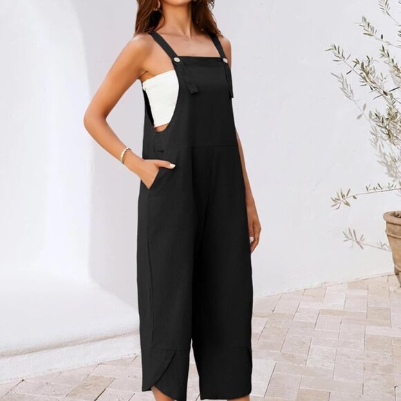 Womens Cotton Adjustable Casual Summer Bib Overalls Jumpsuits with Pockets - Picture 3 of 8